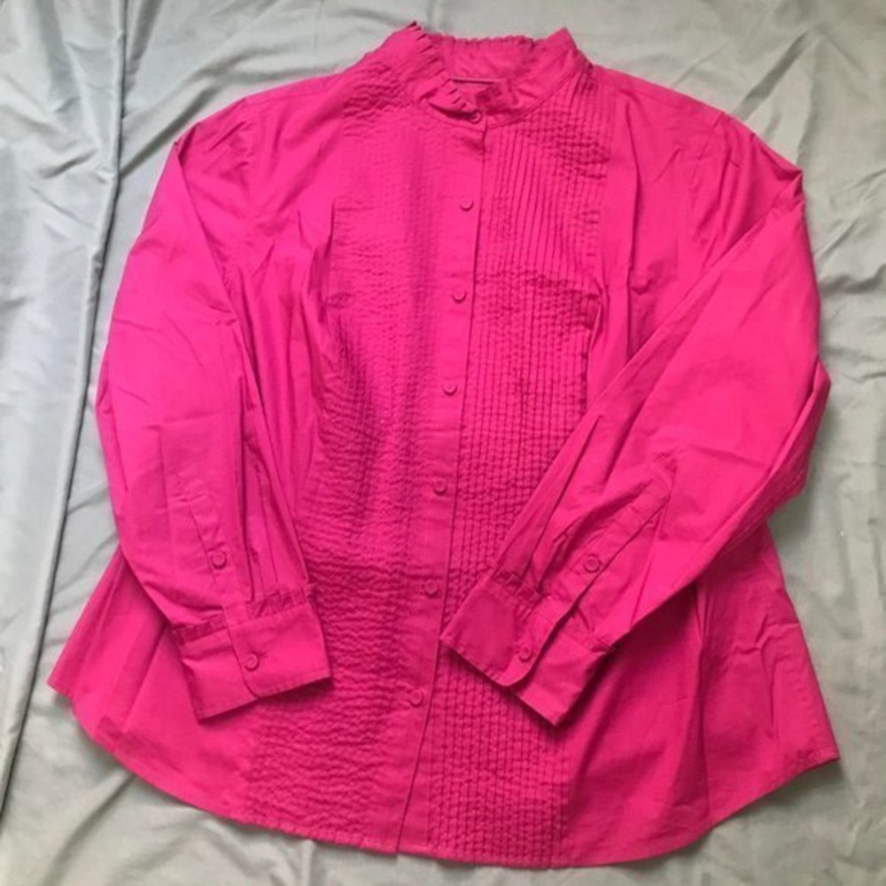 Talbots Pink Ruffle Tuxedo Style Button Up - image 3